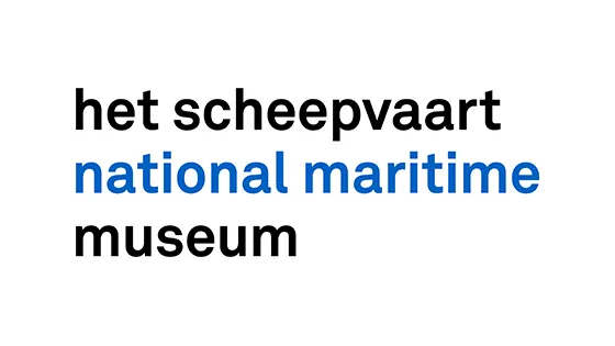 Text logo with 'het scheepvaart' and 'museum' in black, 'national maritime' in blue on white background