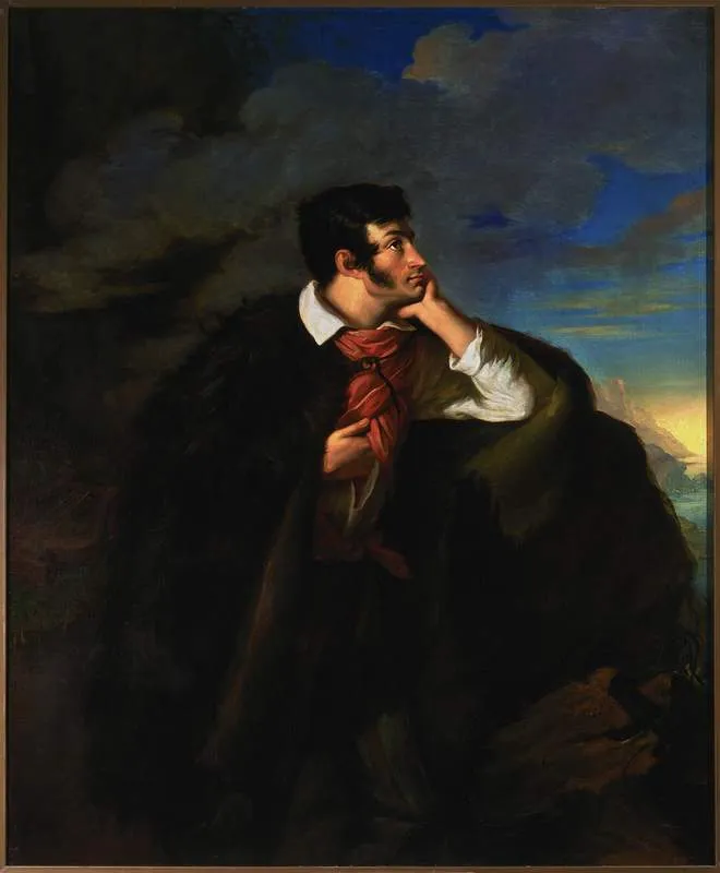 un hombre con una capa oscura y corbata roja apoyando la barbilla en la mano en un retrato pictórico