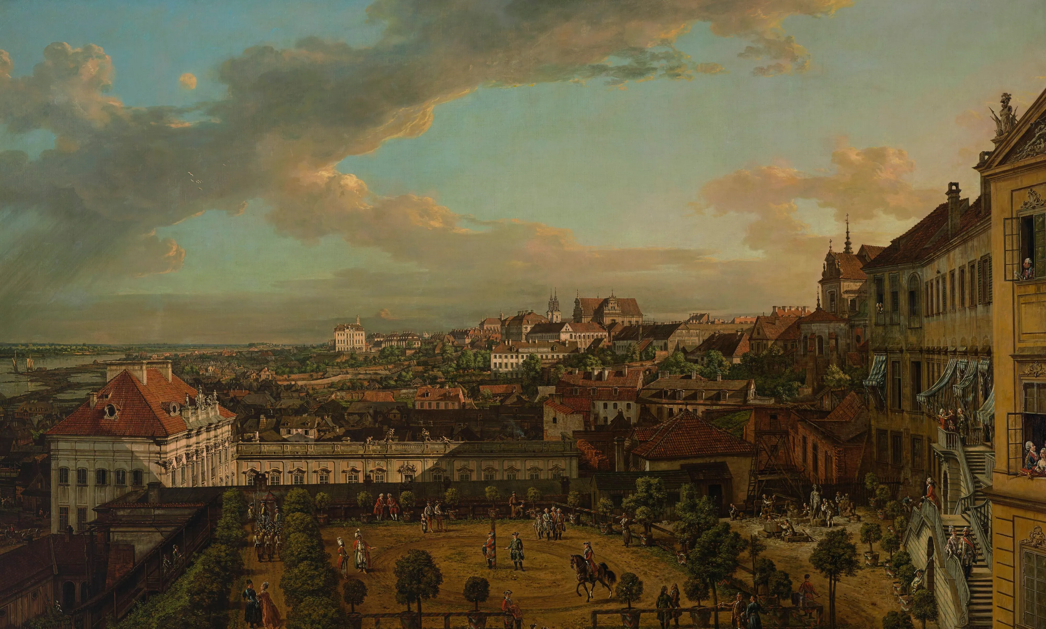 Malarstwo panoramiczne Warszawy ukazujące zabytkowe budynki, duży biały pałac i panoramę miasta pod pochmurnym niebem