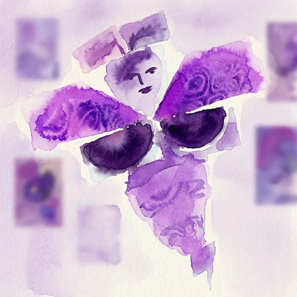 Una ilustración en acuarela púrpura de una figura estilizada con elementos florales abstractos, probablemente un diseño de cartel polaco de la exposición.