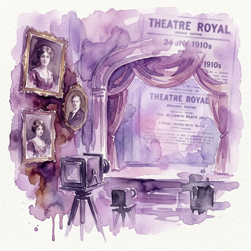 Ilustración en acuarela de un escenario de teatro vintage con retratos de actores, una cámara de los años 1910 y un cartel de 'Theatre Royal', que evoca el teatro y la fotografía polacos de principios del siglo XX.