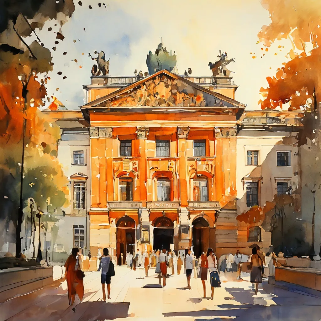Het Nationaal Museum in Warschau verlicht door warm zonlicht, met bezoekers die de statige deuren binnengaan, wat een welkom begin van de zomer symboliseert.