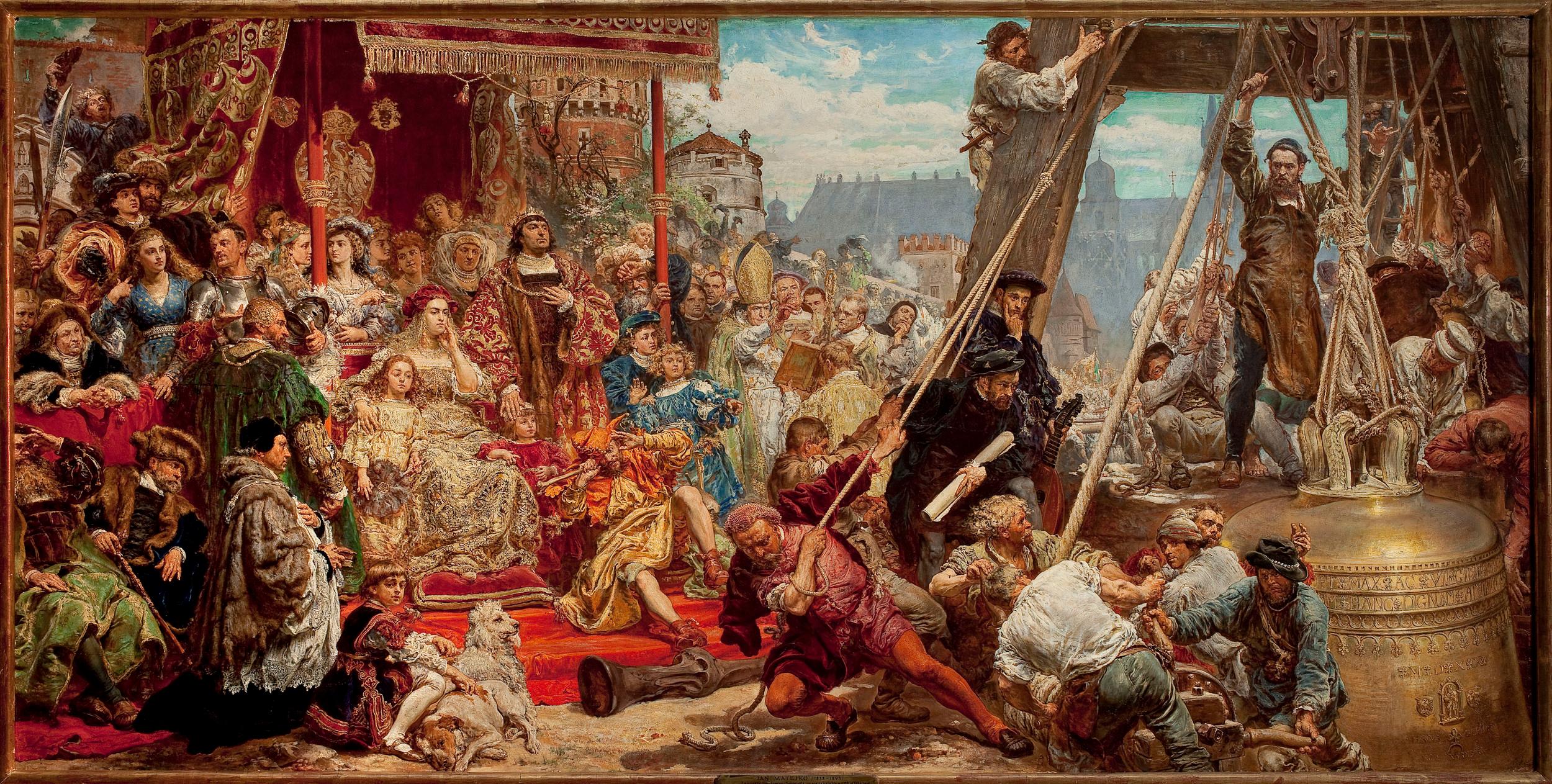 Szczegółowy obraz historyczny przedstawiający tłum ludzi zebranych wokół ogromnego dzwonu podnoszonego za pomocą lin, z królem i królową siedzącymi na tronie w tle.