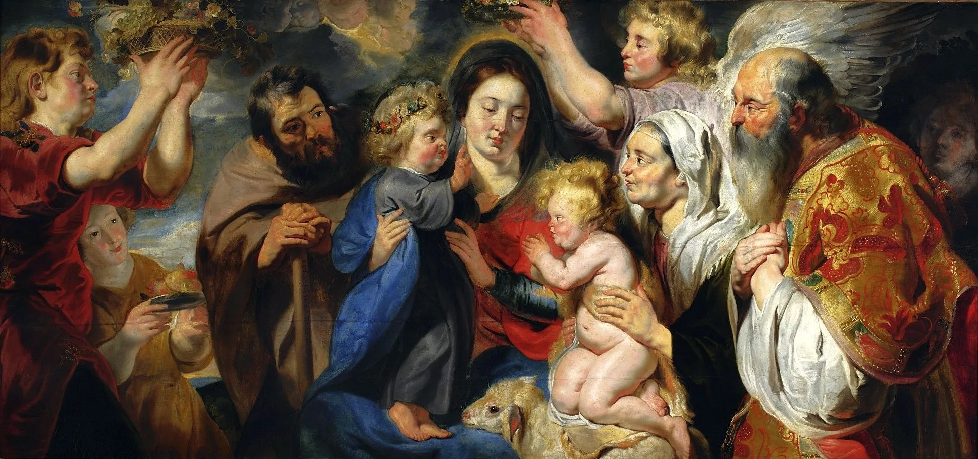 Barokowy obraz Świętej Rodziny ze Świętym Janem Chrzcicielem, przedstawiający Marię, Józefa i Dzieciątko Jezus otoczonych przez aniołów i postacie w ozdobnych szatach
