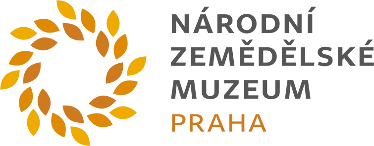 Circular wreath of golden leaves on a black background with text 'NÁRODNÍ ZEMĚDĚLSKÉ MUZEUM PRAHA' in white and orange