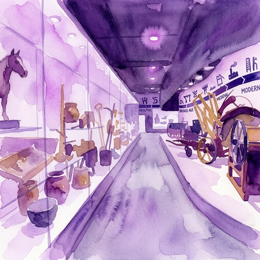 Watercolor illustration of the Agriculture Exposition gallery, showing a timeline from Neolithic to modern farming tools and animal specimens in display cases.