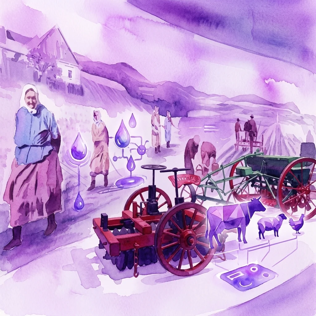 Ilustracja akwarelowa interaktywnej wystawy poświęconej rolnictwu, prezentująca historyczne narzędzia rolnicze, zwierzęta i ludzi na tle wiejskiego krajobrazu, upamiętniająca 100. rocznicę powstania Narodowego Muzeum Rolnictwa.