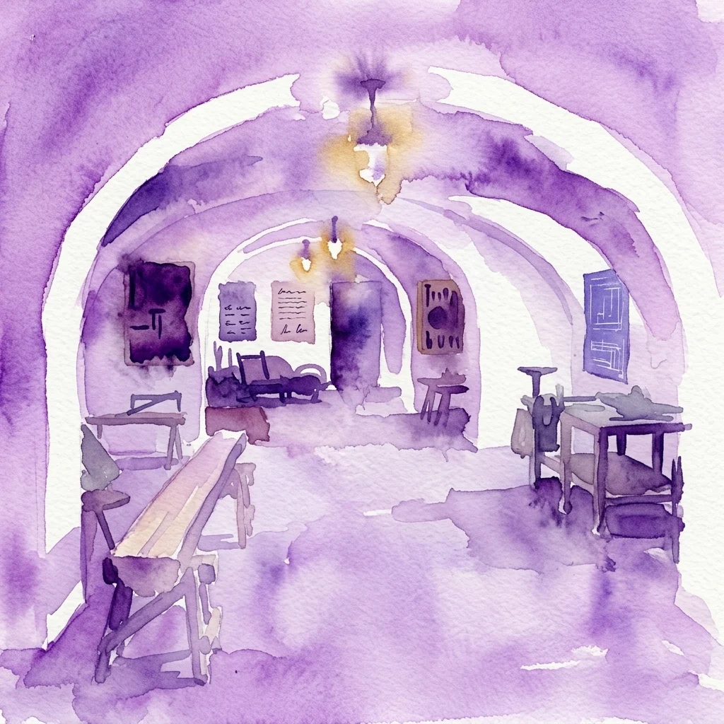 Watercolor illustration of an arched room with tables, chairs, and framed documents, evoking a historical architectural planning space for the Building a Chateau exhibition.