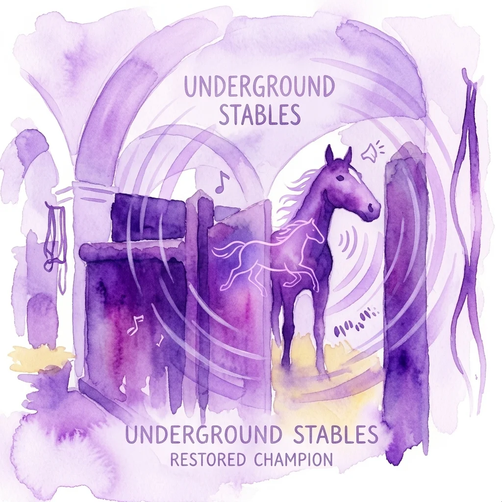 Ilustración artística en acuarela de la exposición Establo Subterráneo en el Castillo de Kačina, con un caballo de carreras restaurado y elementos animados con efectos de sonido, que evocan la vida aristocrática de principios del siglo XX.