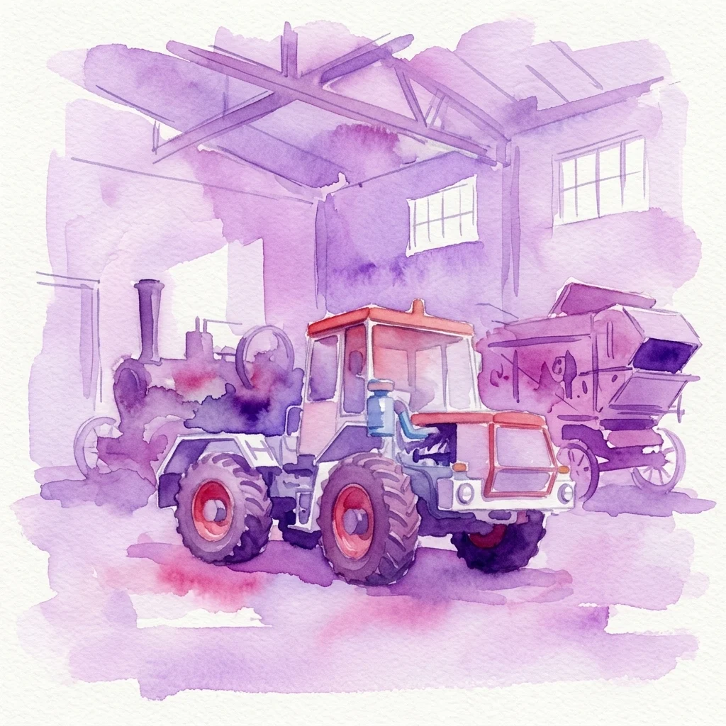 Watercolor illustration of vintage agricultural machinery, including a steam engine, tractor, and threshing machine, displayed in an industrial-style building.