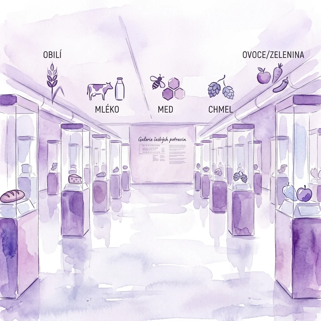 Ilustracja wnętrza Czeskiej Galerii Żywności, przedstawiająca gabloty z chlebem, mlekiem, miodem, chmielem i warzywami, z etykietami kategorii w języku czeskim.