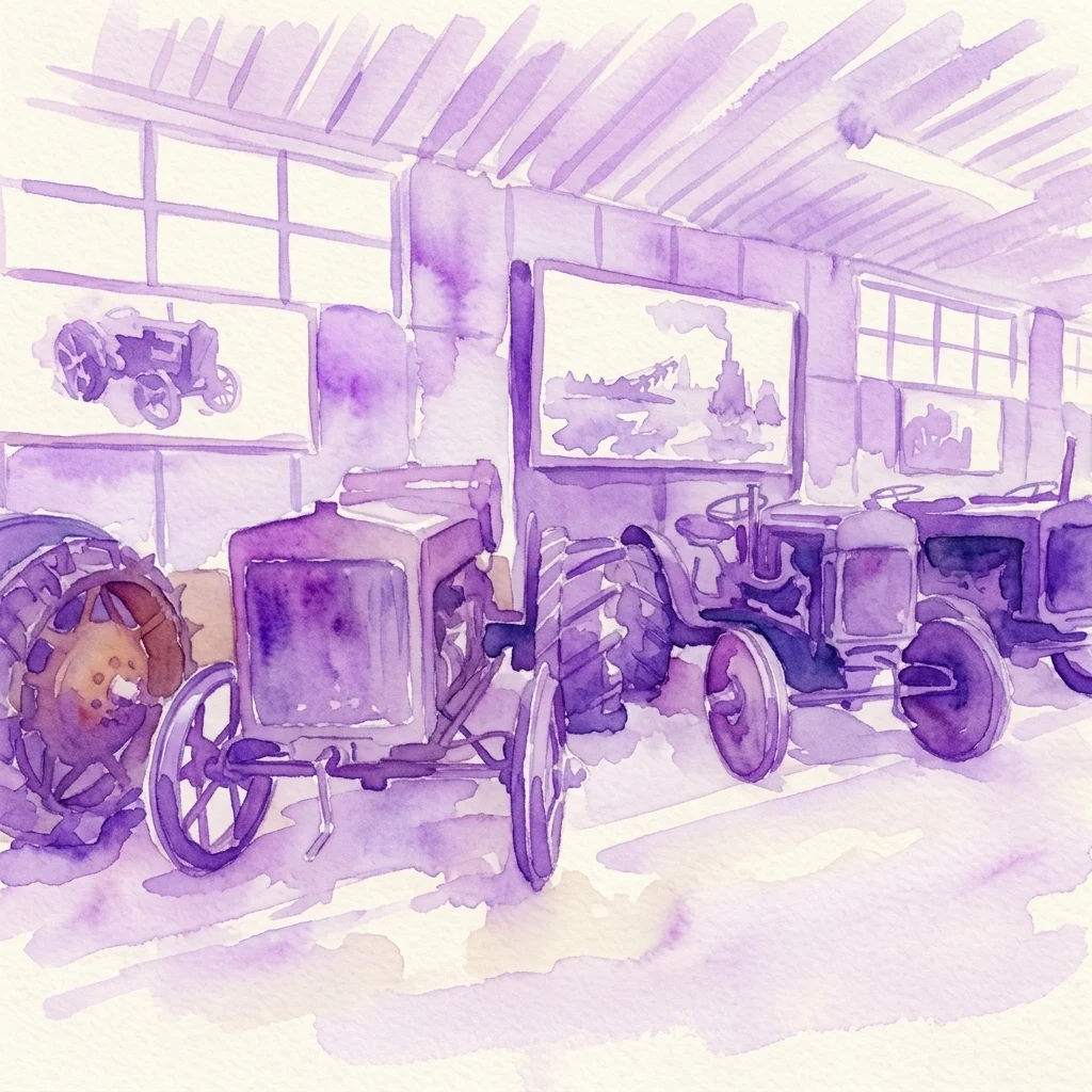Watercolor illustration of vintage Czech tractors, including Zetor and early prototypes, displayed in a museum depot setting with historical agricultural machinery.