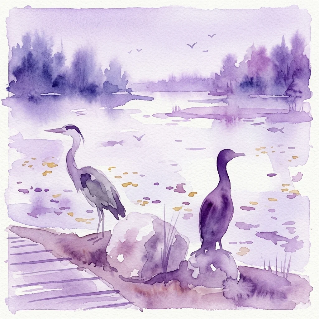 Een aquarelillustratie van een sereen wetlandlandschap met een reiger en een aalscholver op een rots, omringd door water, bomen en vliegende vogels, die de natuurlijke schoonheid van het Lednice-Valtice-landschap oproept.