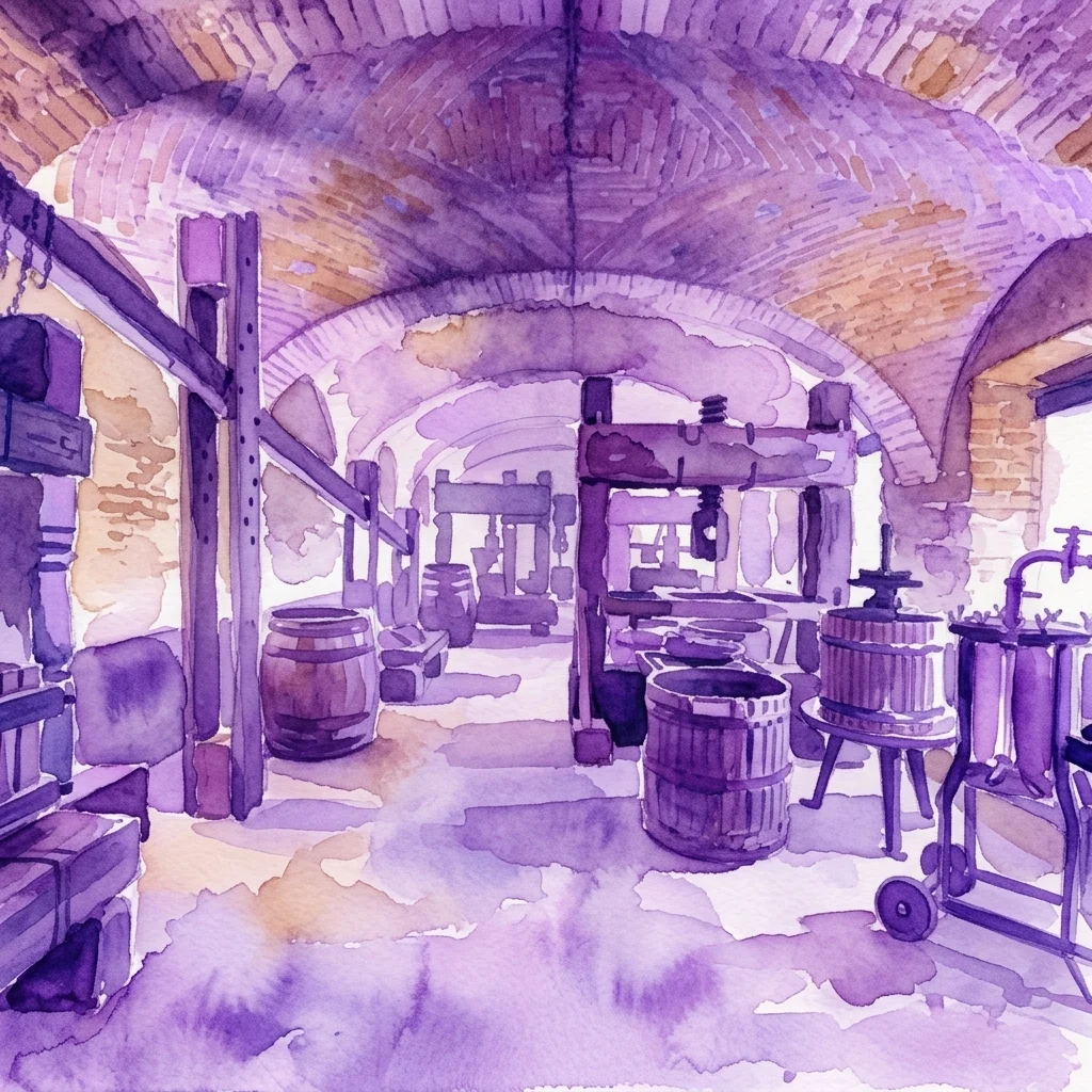 A watercolor illustration of a historic wine cellar with arched brick ceilings, featuring wooden wine presses, barrels, and traditional wine-making tools on display.