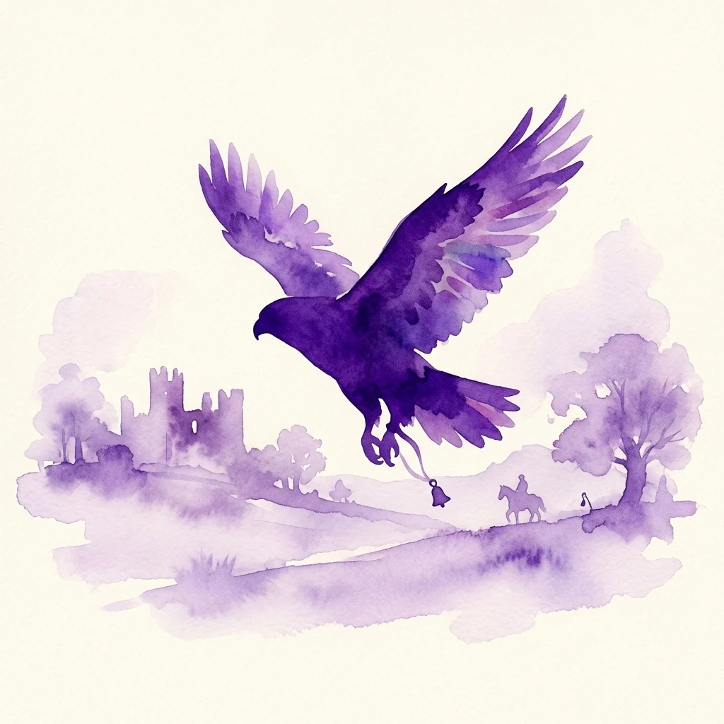 Een paarse aquarelillustratie van een valk in vlucht met riemen en bel, boven een landschap met een kasteel en een ruiter, die de valkerij vertegenwoordigt.