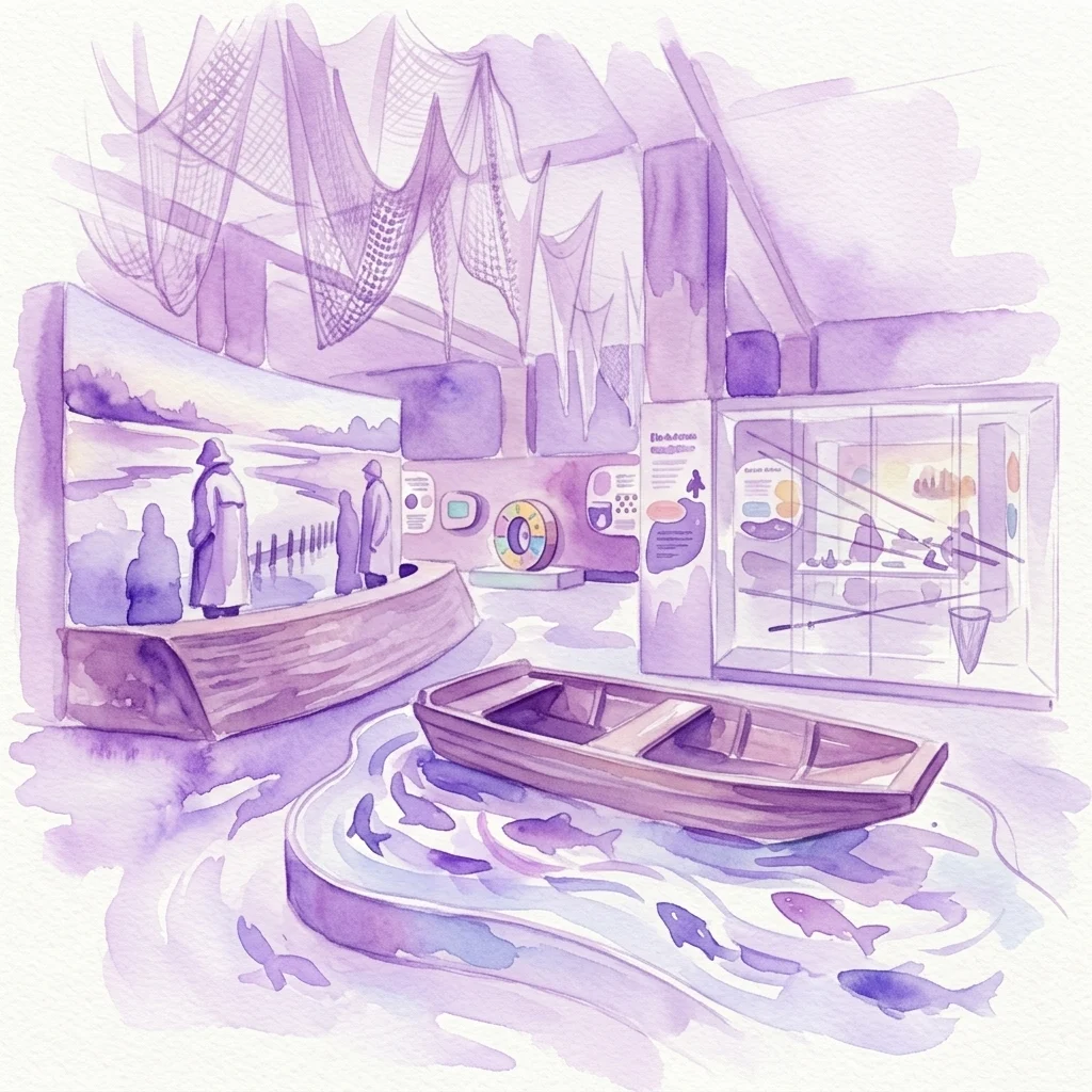 Waterverfillustratie van een interactieve museumtentoonstelling over traditionele Tsjechische viskweek, met een groot aquarium met vissen, een modelboot, visnetten en educatieve displays over vijver systemen.