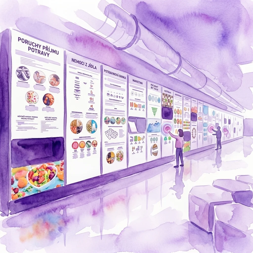 Interactive exhibition wall at the Food Depository, featuring educational displays on food topics like nutrition, food waste, and marketing, with visitors engaging with touchscreens in a museum setting.