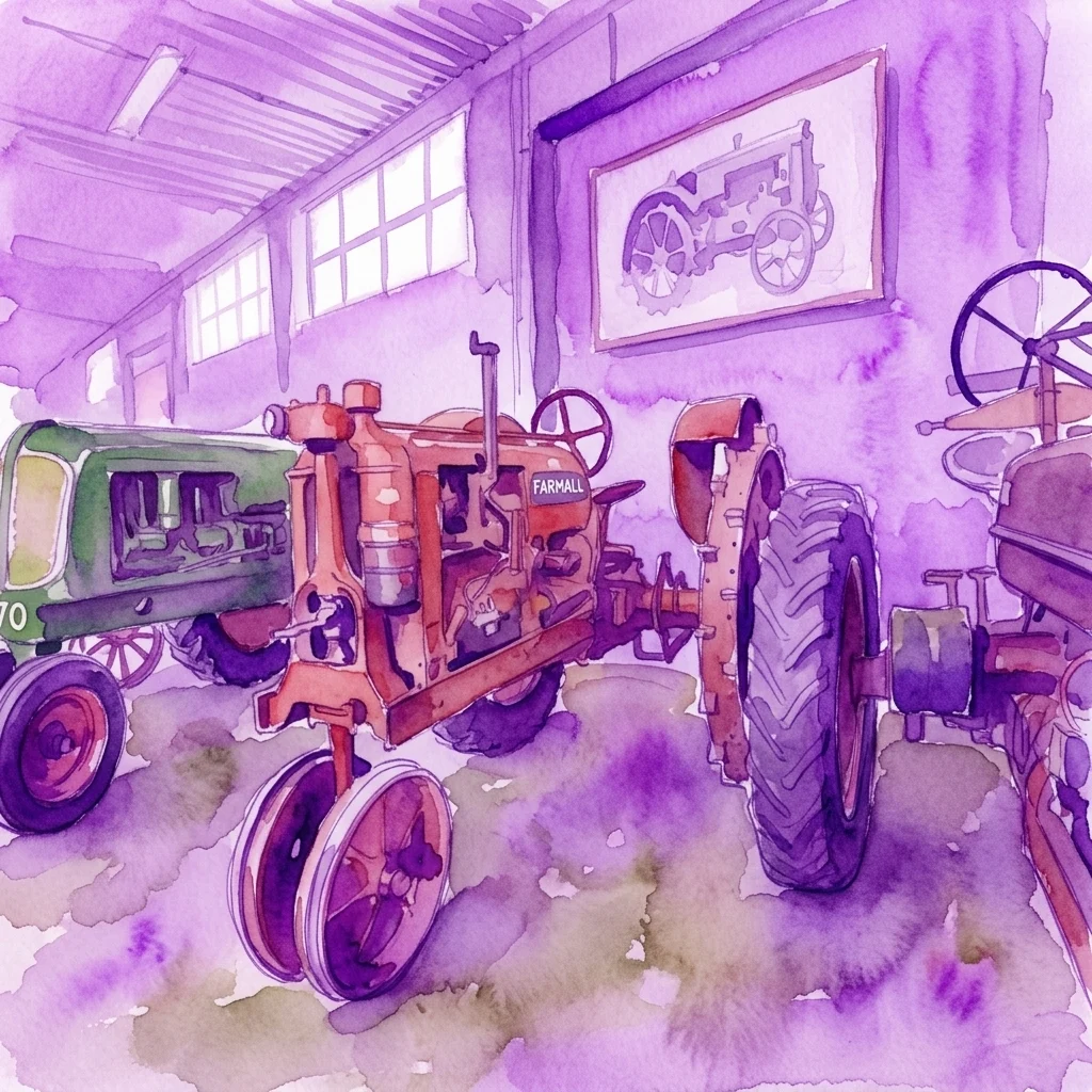 Ilustracja akwarelowa zabytkowych zagranicznych ciągników, w tym modelu Farmall, eksponowanych w magazynie muzealnym z fioletowym oświetleniem i oprawionymi historycznymi obrazami na ścianie.