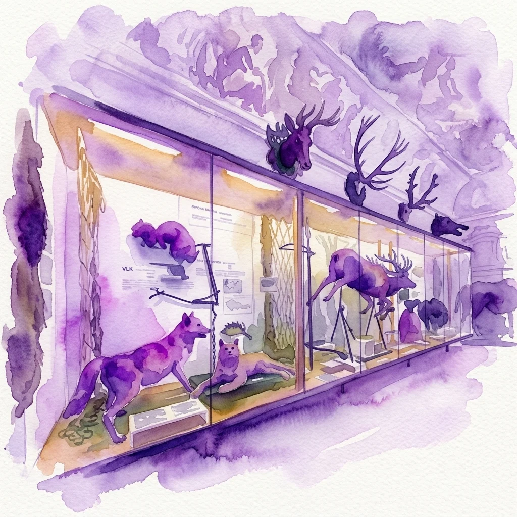 Waterverfillustratie van een museumdiorama met opgezette wilde dieren, antieke jachtgeweren en gewei-trofeeën tentoongesteld in een vitrine onder een historische fresco.