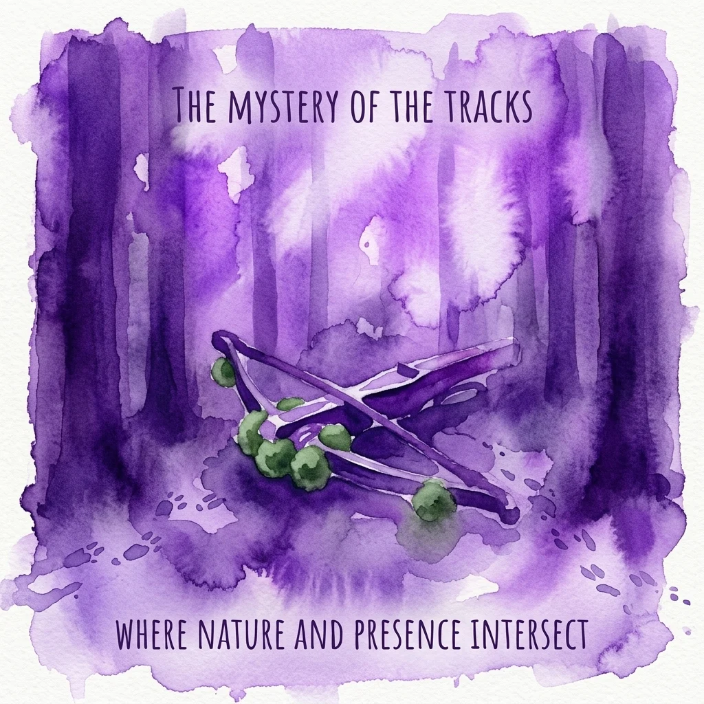 Een paarse aquarelillustratie van een boslandschap met een kruisboog en groene kogels, getiteld 'The Mystery of the Tracks' en ondertiteld 'Where Nature and Presence Intersect'.