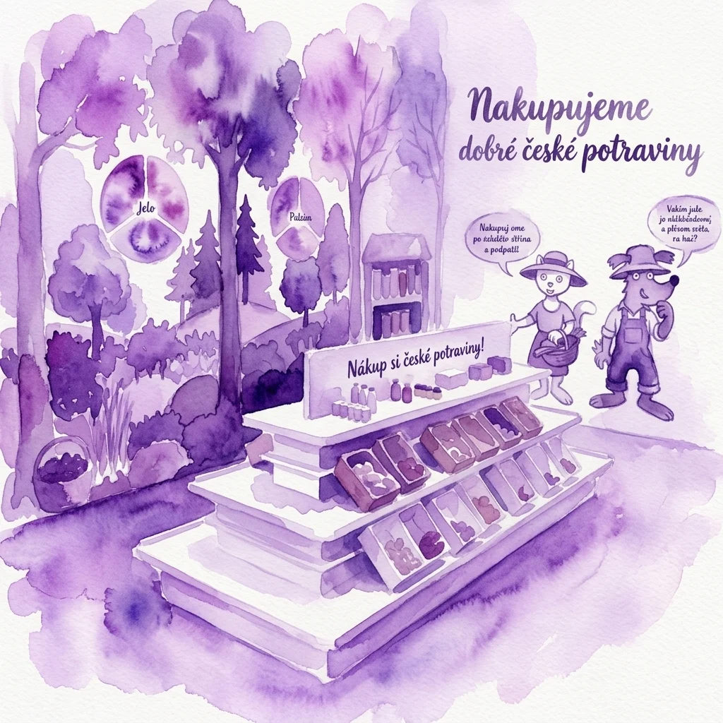 Ilustracja akwarelowa placu zabaw dla dzieci na wystawie gastronomicznej, przedstawiająca postacie z kreskówek kupujące jedzenie na stoisku z czeskimi produktami spożywczymi i tekst promujący zdrowe odżywianie.