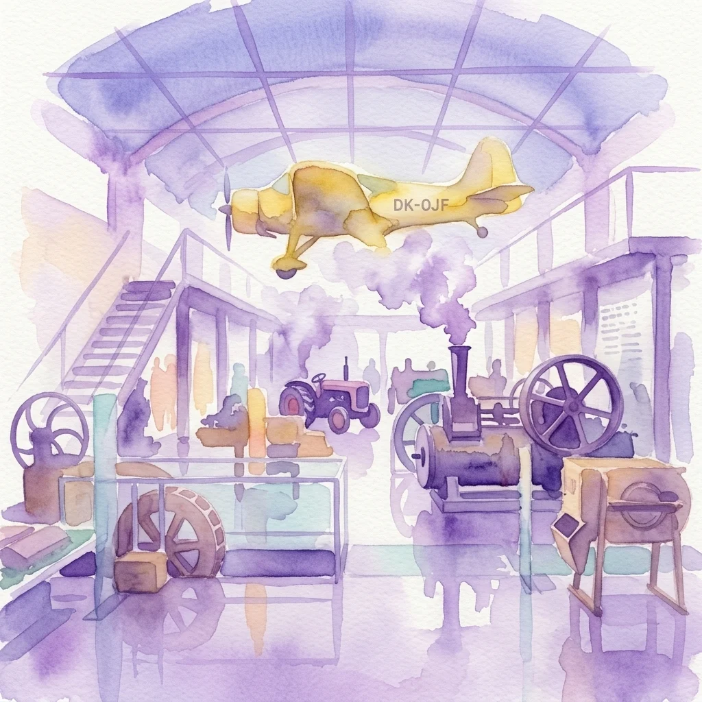 Waterverfillustratie van een museumtentoonstelling met landbouwmachines, waaronder een stoommachine, tractor en vintage vliegtuig, die de evolutie van technologie en energiegebruik in de landbouw belicht.