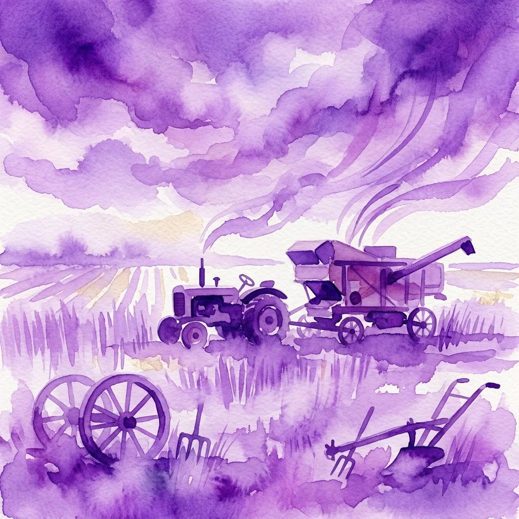 A purple watercolor illustration of vintage agricultural machinery, including a tractor and a threshing machine, in a field under a dramatic sky.