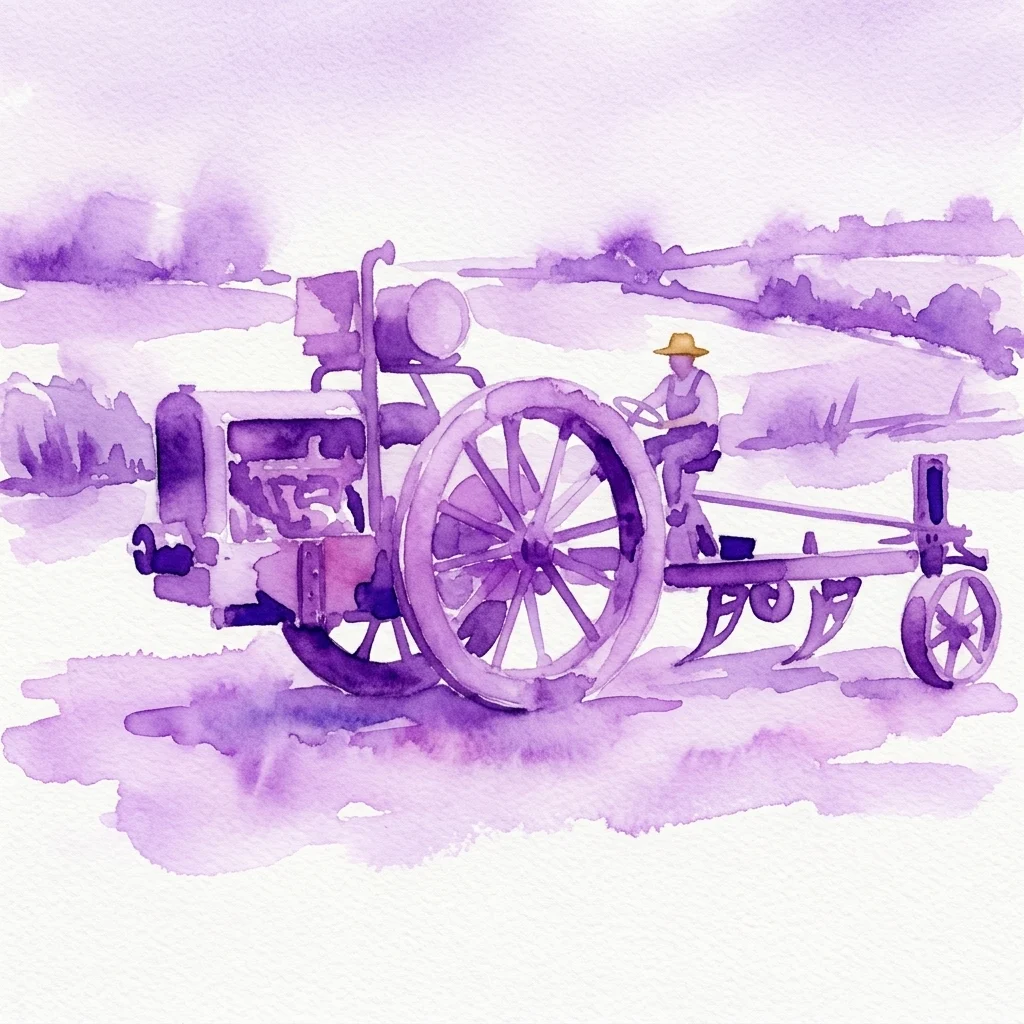 Waterverfillustratie van een vintage motorploeg, waarschijnlijk een Praga of Excelsior model, met een boer die hem bedient op een veld, wat vroege 20e-eeuwse Tsjechische landbouwmachines oproept.