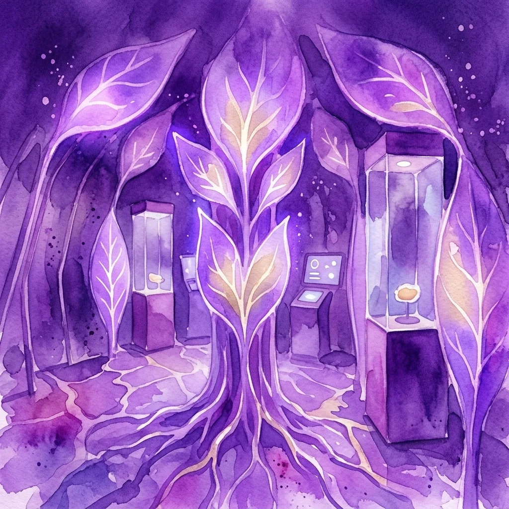 Tętniąca życiem purpurowa akwarelowa ilustracja wystawy muzealnej zatytułowanej 'Photosynthesis', przedstawiająca świecące liście i korzenie roślin, interaktywne ekspozycje i gabloty, symbolizujące proces fotosyntezy.