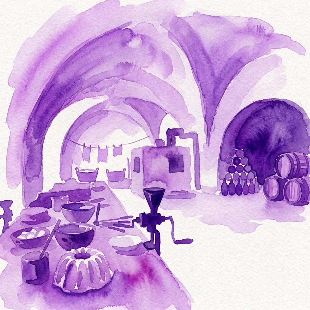 Ilustración en acuarela de una exposición de los cuartos de servicio de un castillo, con bóvedas de piedra arqueadas, un horno de pan, área de lavandería y barricas de vino, evocando la vida doméstica histórica.