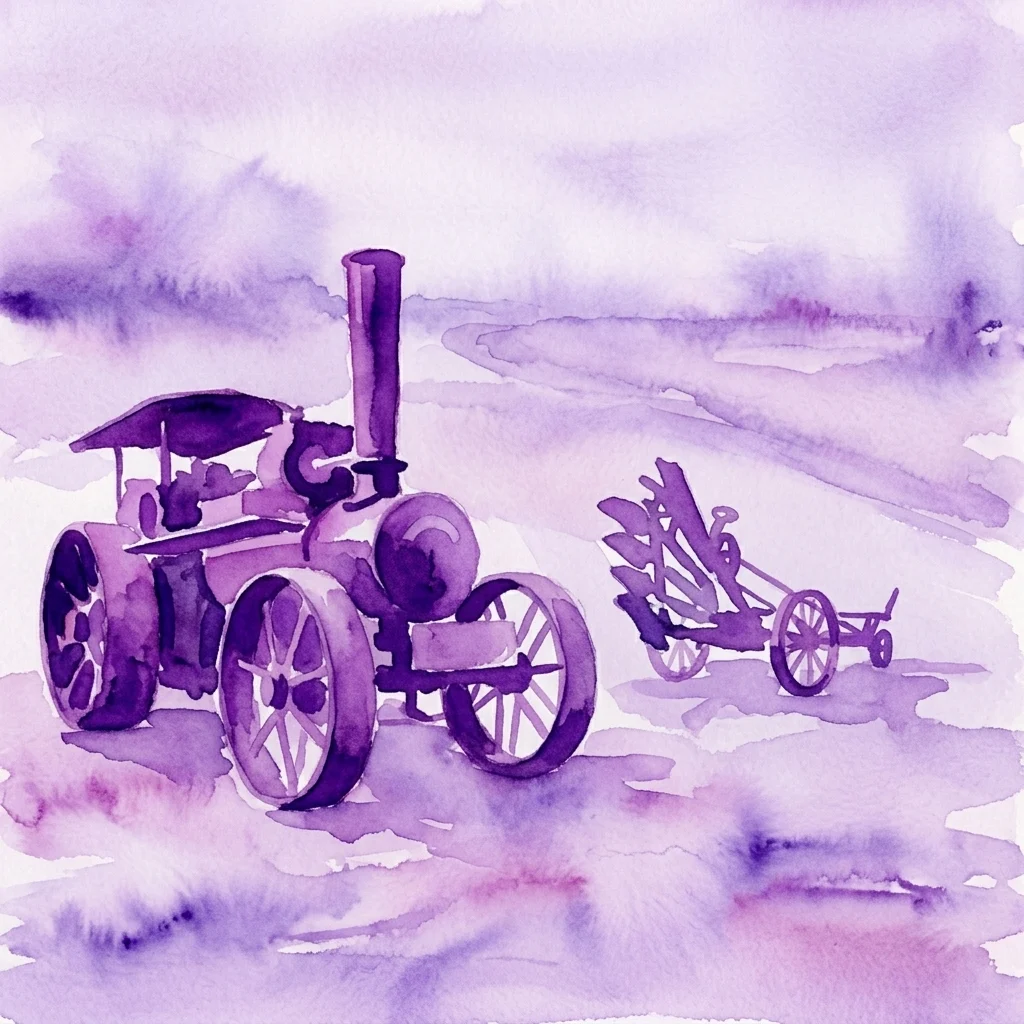 A watercolor illustration of a vintage steam traction engine and plough, representing the historical Přemysl and Libuše engines used in Czech agriculture from the 1850s to mid-20th century.