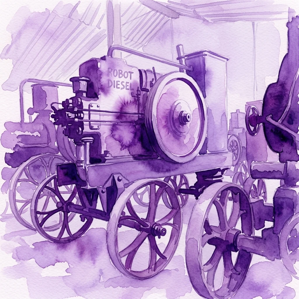 Ilustracja akwarelowa zabytkowego silnika spalinowego Robot Diesel, ukazująca jego złożoność mechaniczną i historyczny projekt jako część wystawy muzealnej poświęconej silnikom stacjonarnym.