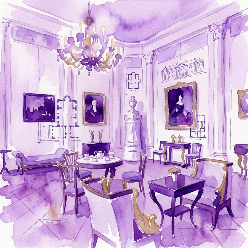 Ilustracja akwarelowa wnętrza okazałego zamku z meblami w stylu empire i biedermeier, portretami i planami architektonicznymi, przedstawiająca życie arystokracji w majątku Chotek.