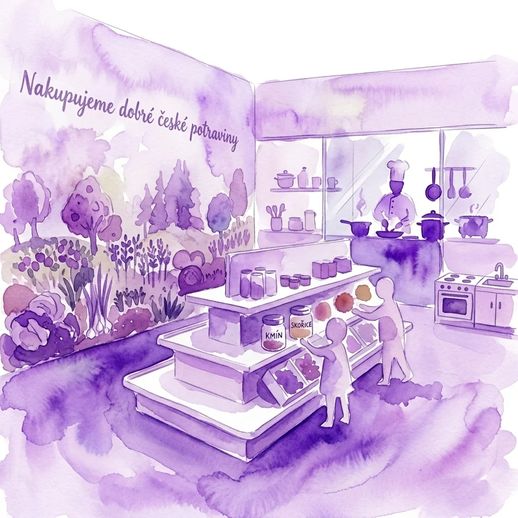 A watercolor illustration of an interactive food exhibition featuring children exploring a pretend kitchen and spice display, with a professional chef cooking in a studio visible through a glass partition, set within a museum dedicated to agriculture and food.