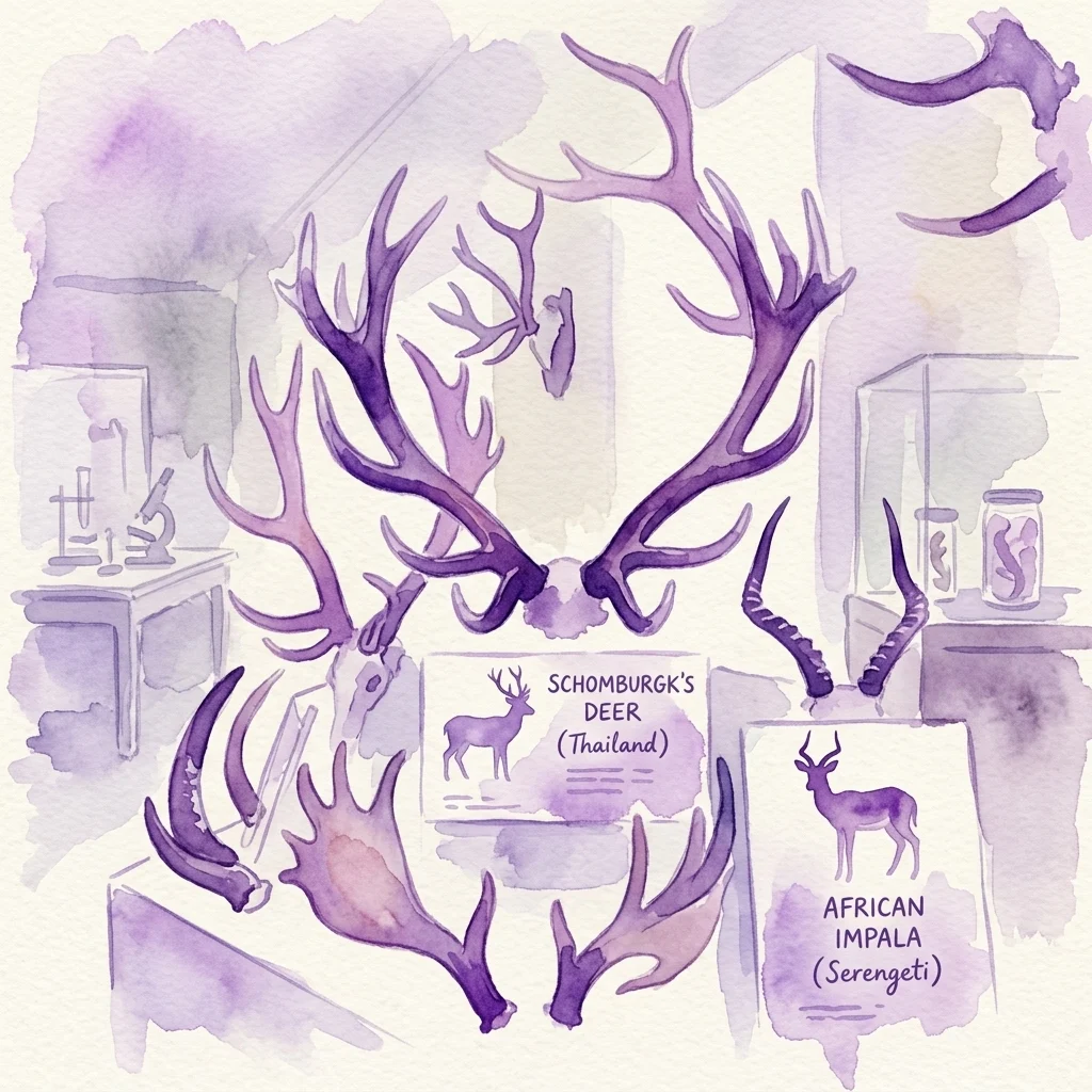 Ilustración en acuarela de la Colección Sallač que presenta diversas astas y cuernos de animales, incluyendo el ciervo de Schomburgk de Tailandia y el impala africano del Serengeti, expuestos con placas informativas en un entorno museístico.