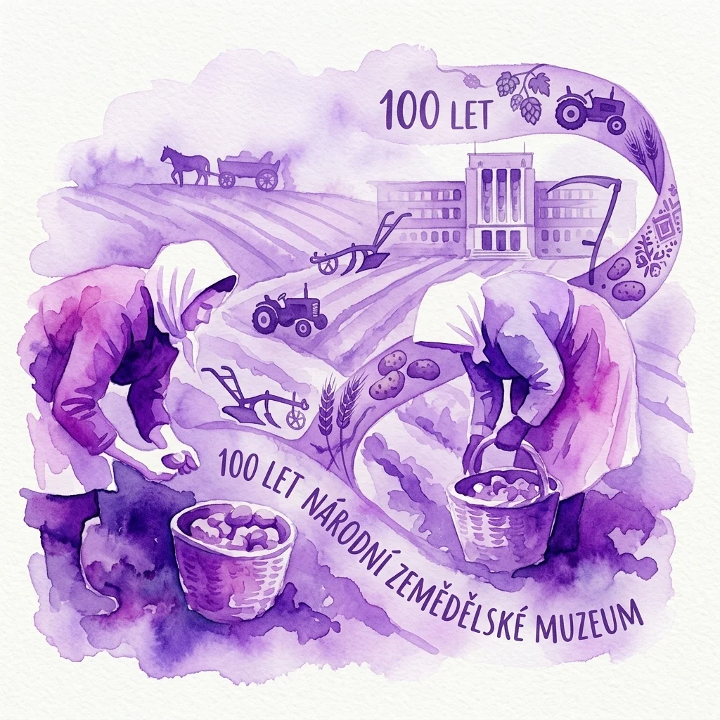 Een paarse aquarelillustratie ter ere van 100 jaar Landbouwmuseum, met boeren die gewassen oogsten, historische landbouwwerktuigen en het museumgebouw op de achtergrond.