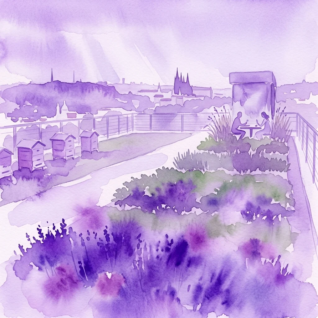 Een aquarelillustratie van de Views of Life – Roof Garden, met bijenkorven, kruidentuinen en bezoekers aan een picknicktafel met een panoramisch uitzicht op de skyline van Praag op de achtergrond.