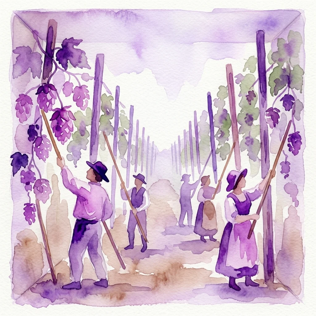 Waterverfillustratie van de traditionele hopoogst in de regio Žatec, met werkers die lange palen gebruiken om hop uit hoge wijnstokken te oogsten in een historisch diorama.