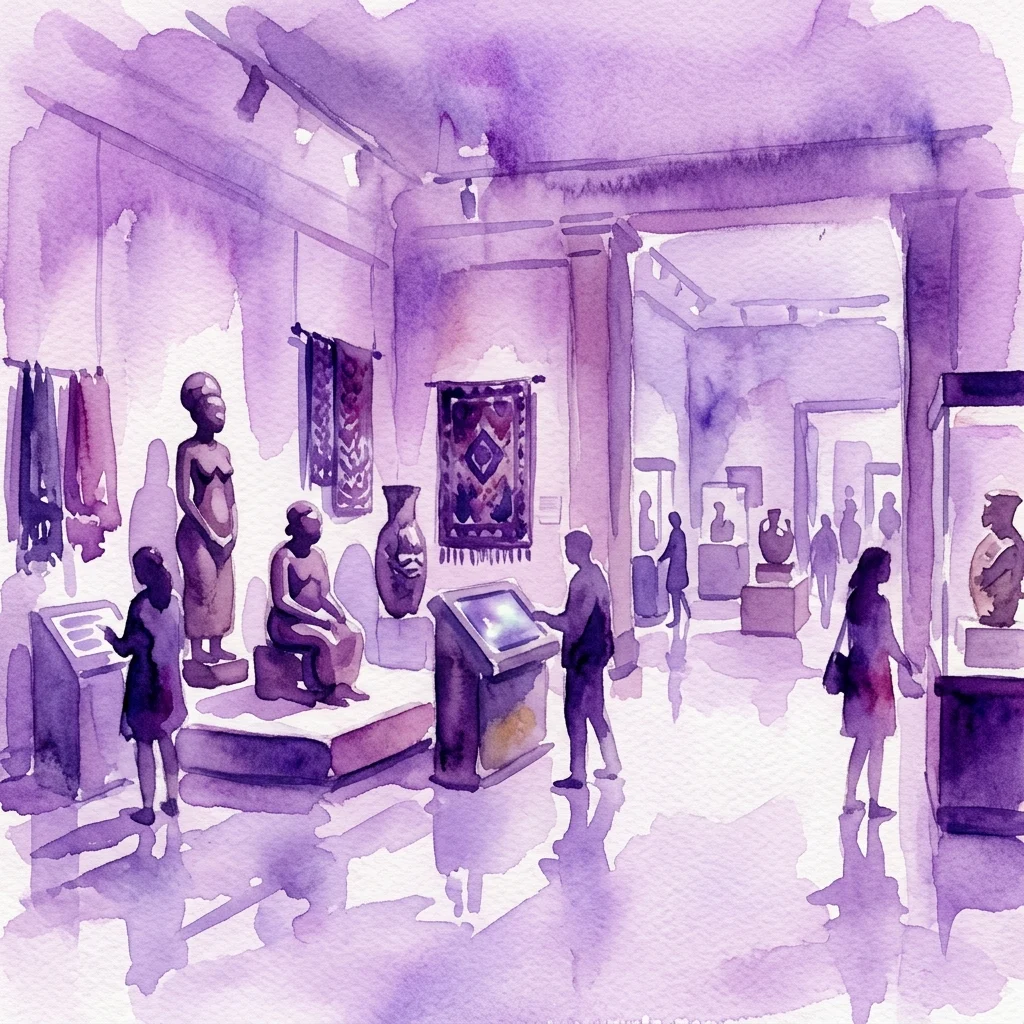 Ilustracja akwarelowa galerii muzealnej prezentującej afrykańskie i azjatyckie artefakty, w tym rzeźby, tkaniny i interaktywne wystawy, z odwiedzającymi zwiedzającymi ekspozycję.