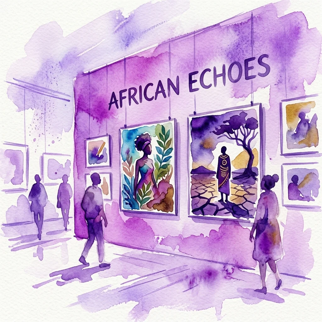 Waterverfillustratie van een kunstgalerie-expositie met de titel 'African Echoes', met hedendaagse Afrikaanse kunstenaars fotografie die identiteit, cultuur en klimaatverandering verkent door middel van visuele metaforen.
