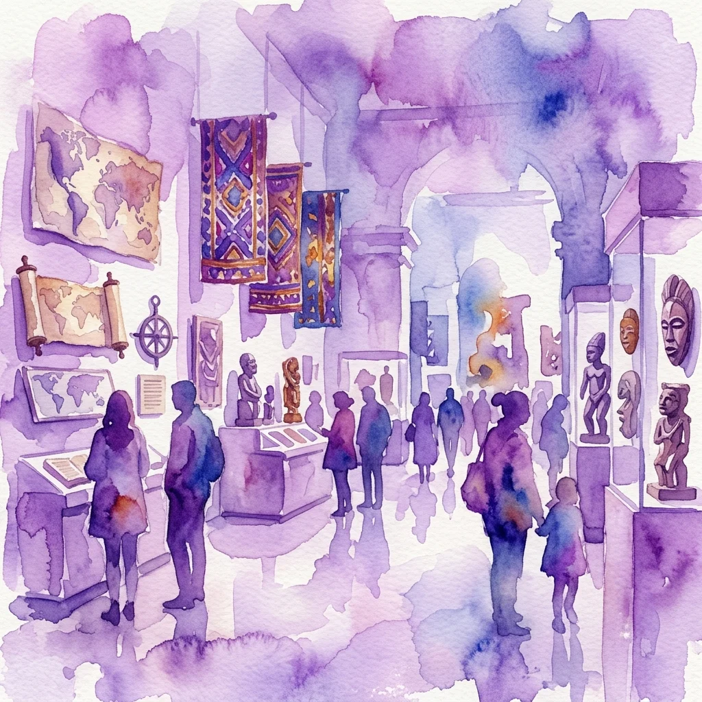 Ilustracja akwarelowa galerii muzealnej prezentującej afrykańskie i azjatyckie artefakty, w tym tekstylia, rzeźby i mapy, z odwiedzającymi zwiedzającymi wystawy.