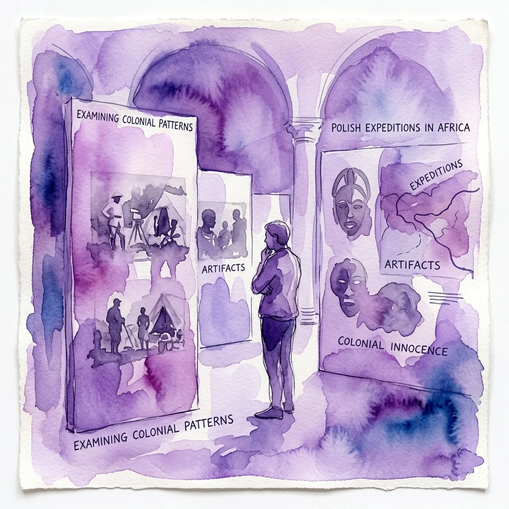 Ilustración en acuarela de una exposición de museo titulada 'Bleaching', que muestra a un visitante observando exhibiciones sobre patrones coloniales, expediciones polacas en África y artefactos, con temas de inocencia colonial.