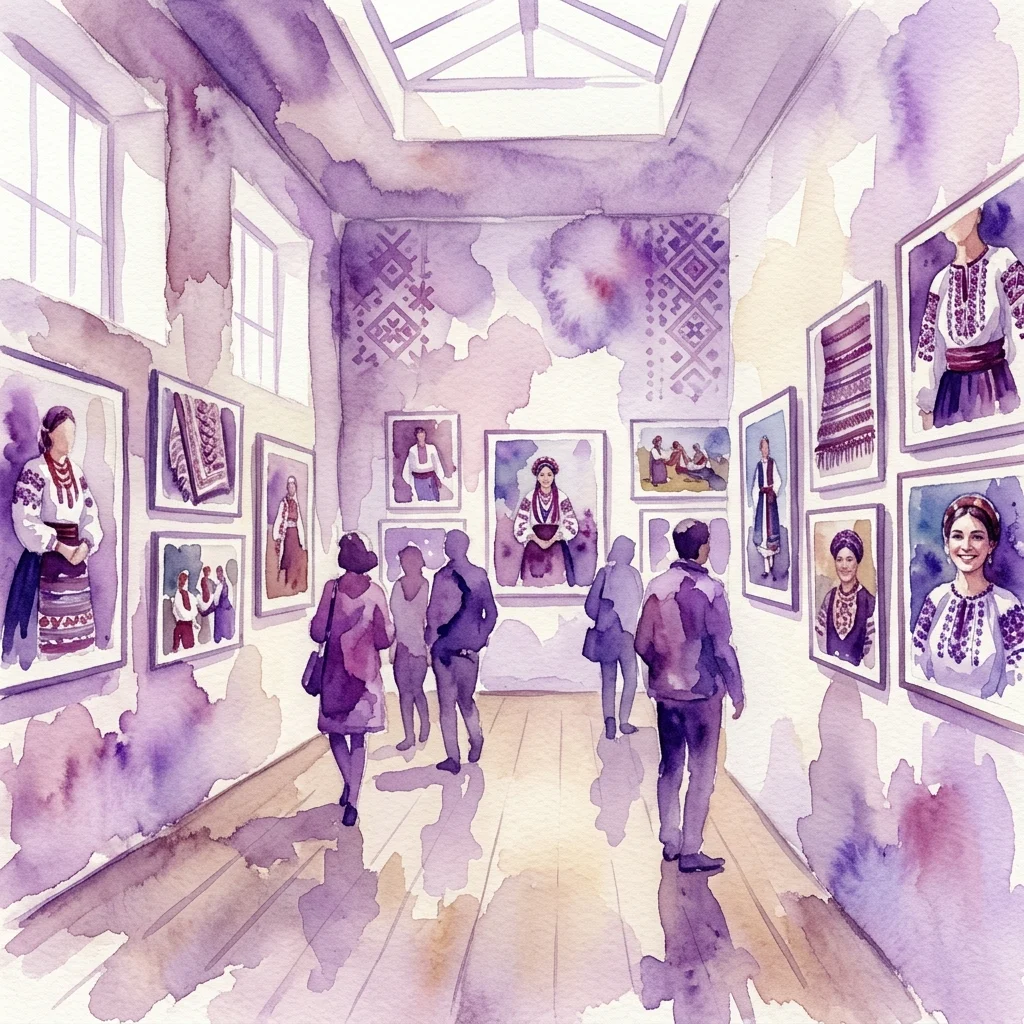 Ilustración en acuarela de una galería de museo que presenta fotografías de personas con ropa tradicional bordada, que representa la exposición 'Były trzy siostry, ale tylko dwie koszule' de Justyna Mielnikiewicz.