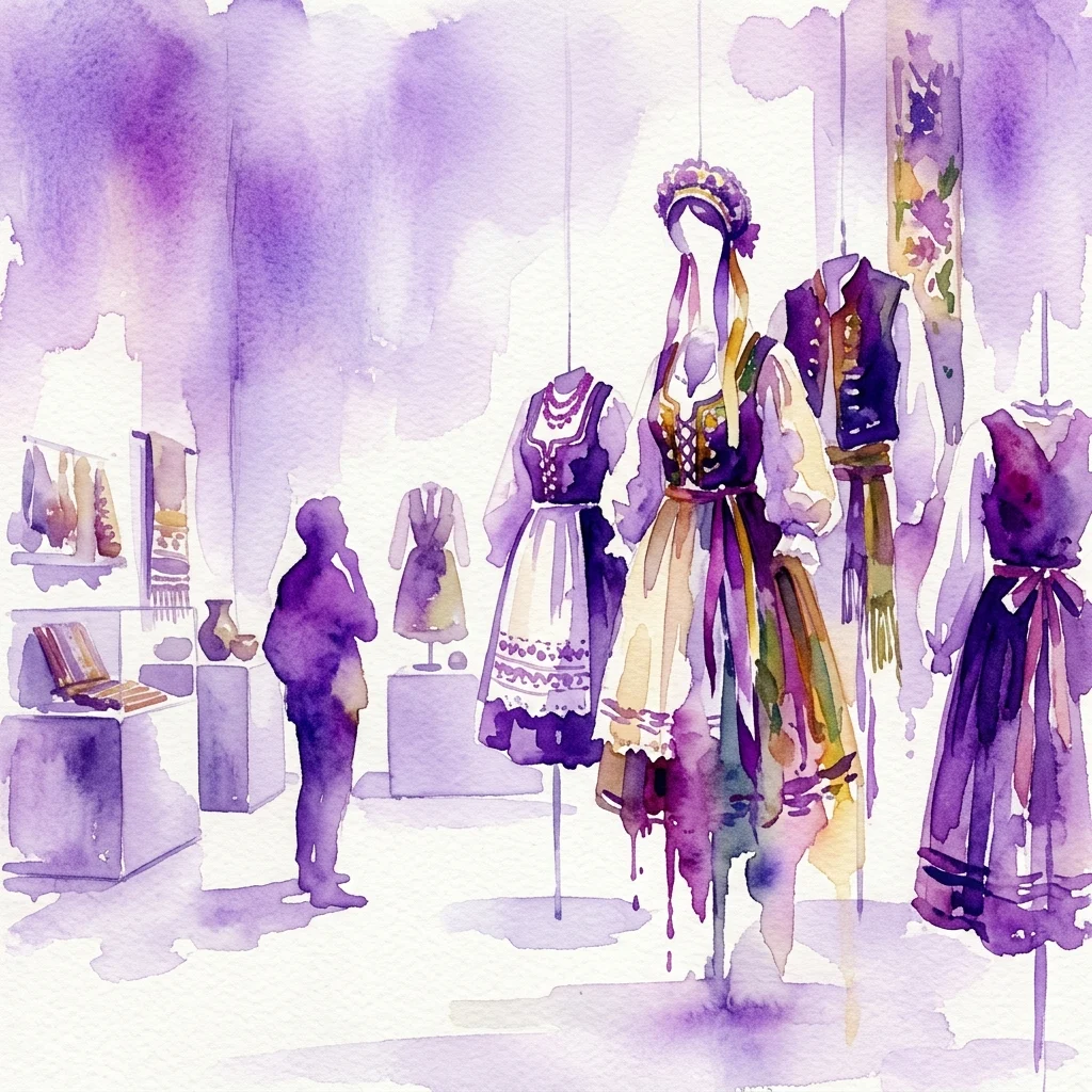 Waterverfillustratie van traditionele Europese volkskledij aan paspoppen in een museumgalerij, onderdeel van de tentoonstelling 'Tijd van Vieren' die culturele rituelen en feestelijke artefacten verkent.