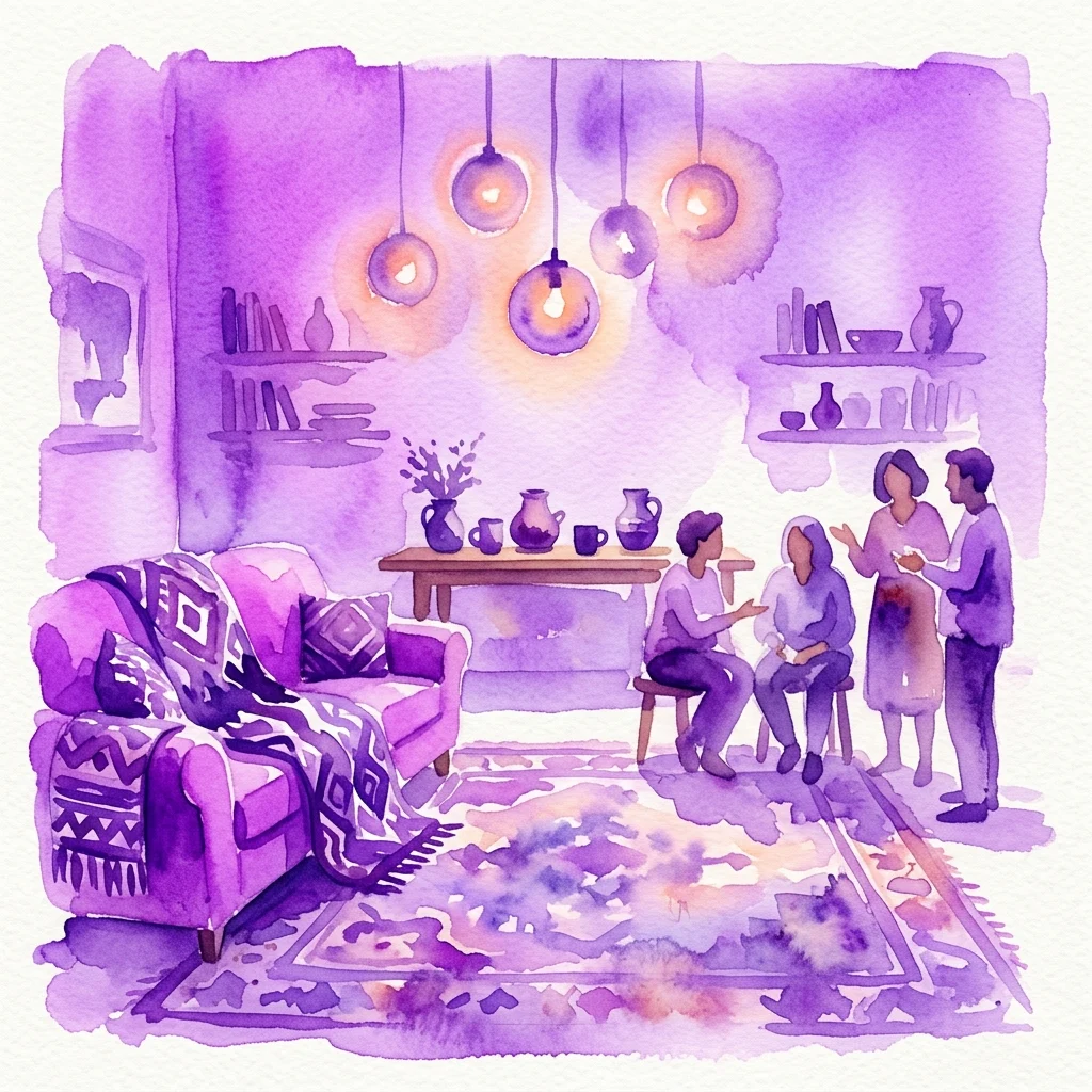 Een aquarelillustratie van een warme, paars getinte gedeelde woonruimte met verzamelde mensen, met culturele textiel, keramiek en zachte verlichting, wat een gevoel van gemeenschap en thuis oproept.