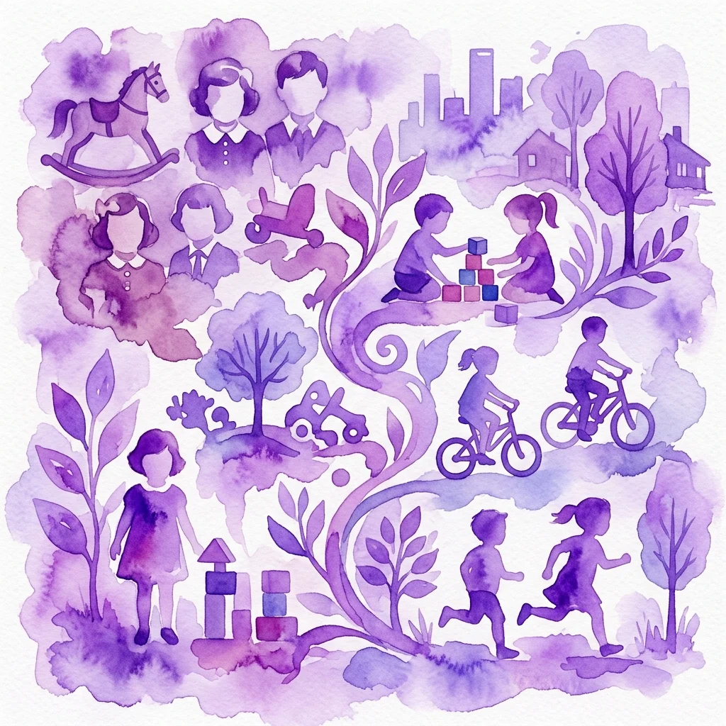 Un collage de acuarela púrpura que representa a niños jugando con juguetes, montando en bicicleta y creciendo en un árbol, representando experiencias infantiles de diferentes épocas.