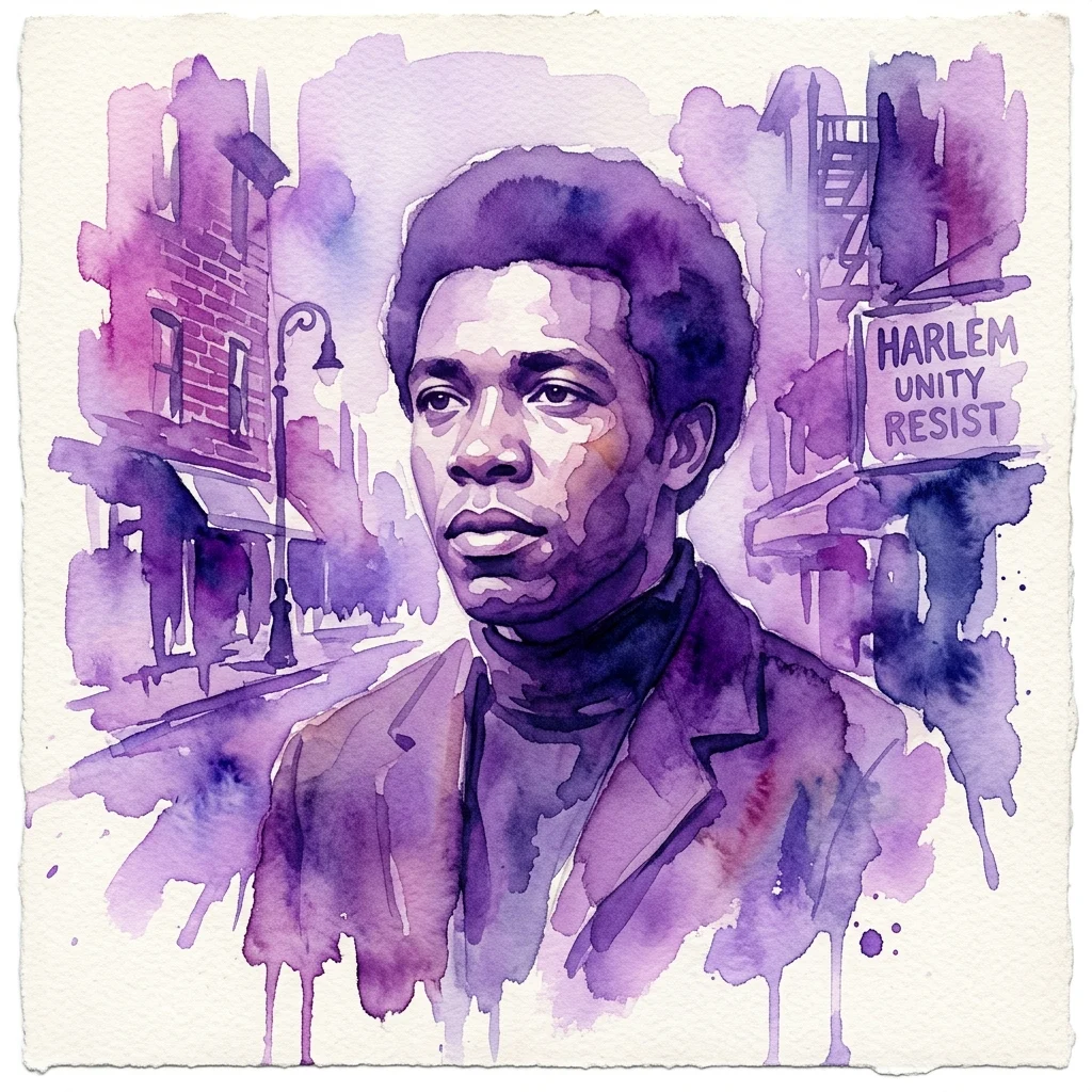 Portret czarnego mężczyzny w Harlemie wykonany w technice akwareli, z napisem 'HARLEM UNITY RESIST' w tle, nawiązujący do fotografii Ernesta Cole'a o godności rasowej i oporze.