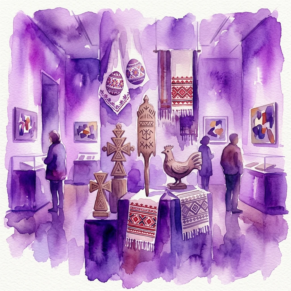 Ilustración en acuarela de una galería de museo que exhibe arte Lemko/Carpatho-Rusino, que incluye cruces de madera tallada, una escultura de gallo, textiles y huevos pintados, con visitantes observando las exhibiciones.