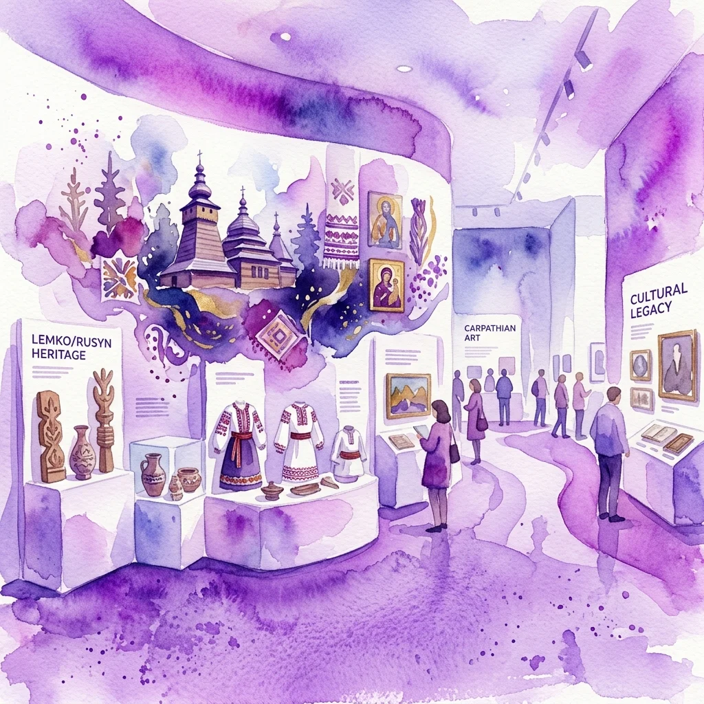 Ilustración en acuarela de una exposición de museo titulada 'Formy obecności. Sztuka Łemków/Rusinów Karpackich', que muestra el patrimonio Lemko/Rusino con artefactos tradicionales, arte popular y exhibiciones culturales en un espacio de galería teñido de púrpura.