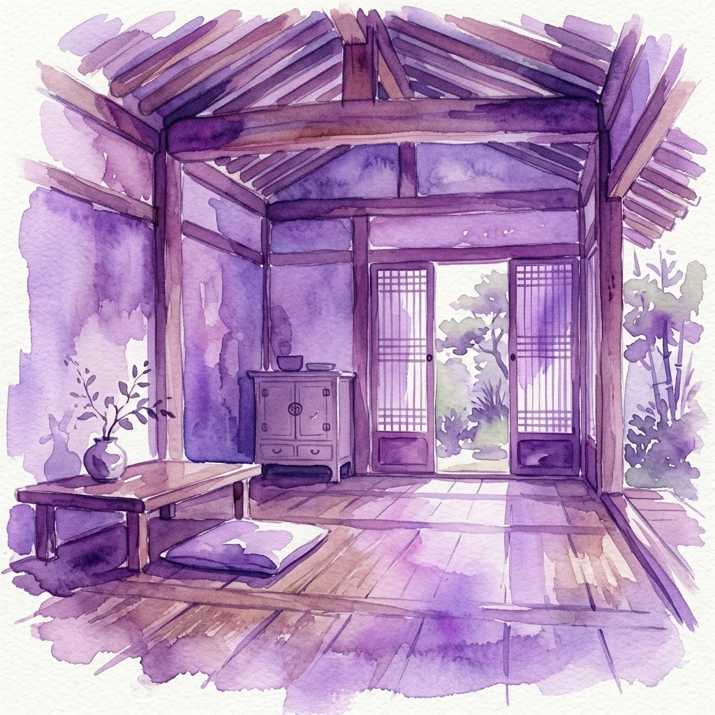 Waterverfillustratie van een traditioneel Koreaans hanok-interieur met houten balken, laag meubilair en schuifdeuren die uitkijken op een tuin, wat een minimalistisch en met de natuur verbonden ontwerp weerspiegelt.